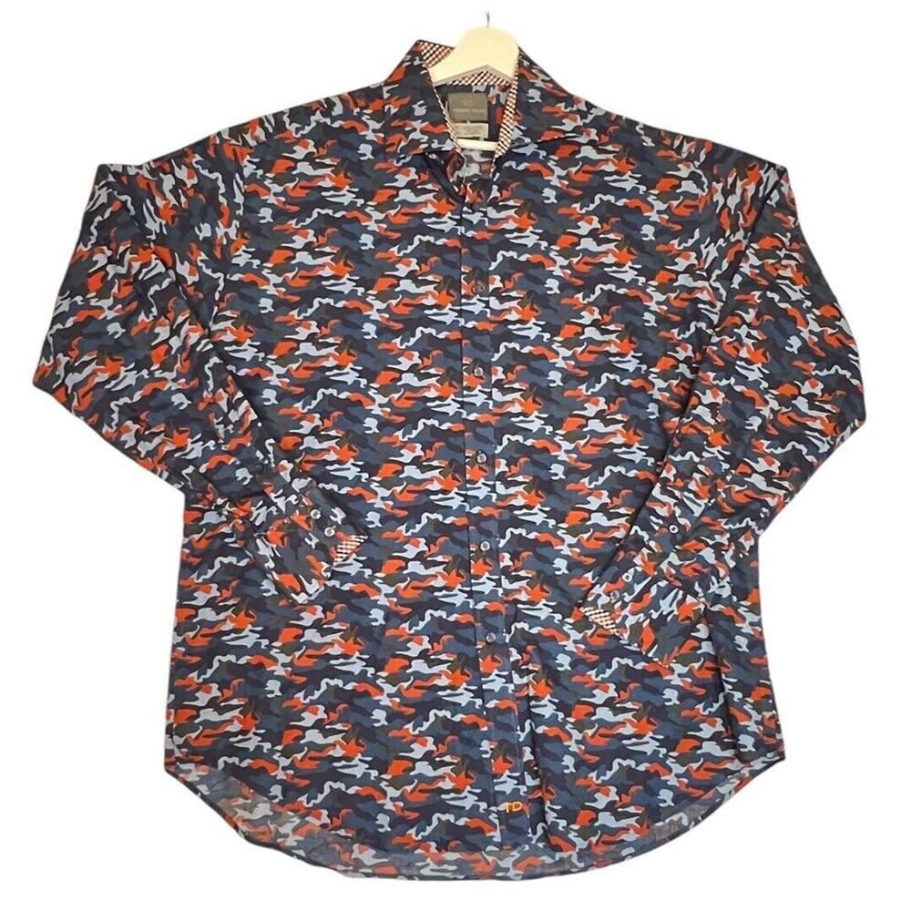 Thomas Dean Men's XL Long Sleeve Flip Cuff Shirt Camo Camouflage Pattern Blue